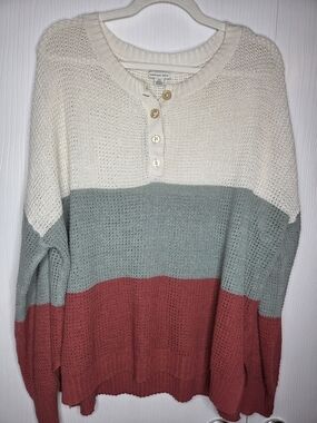 American Eagle Outfitters Cream, Sage & Rust Colorblock Henley Sweater-L